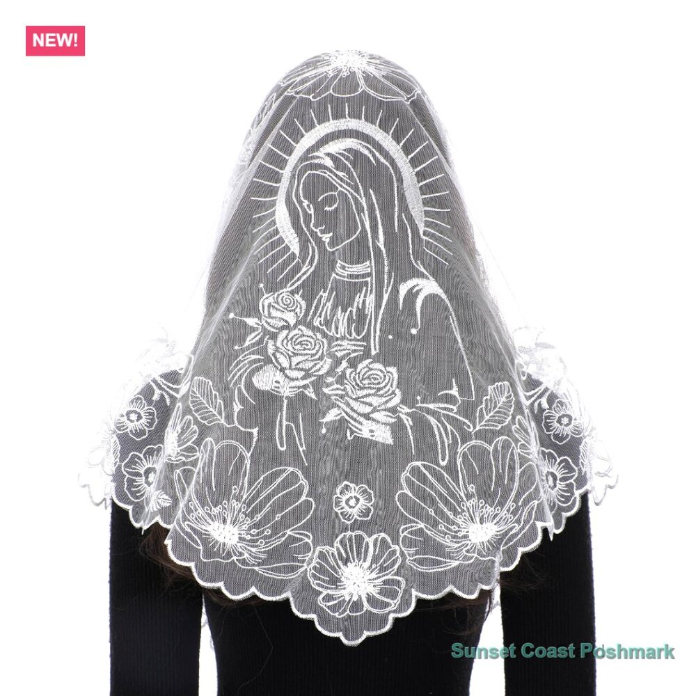 Polyester Chapel Veil with Virgin Mary Embroidery for Catholic Mass